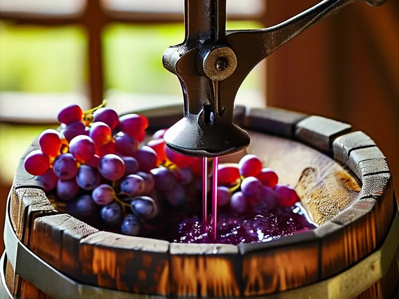 传统木制压榨机中新鲜葡萄被压榨出紫色汁液的近景图