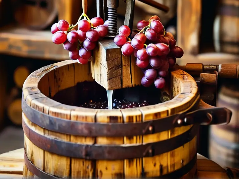 传统木制压榨机压榨葡萄酿制葡萄酒过程