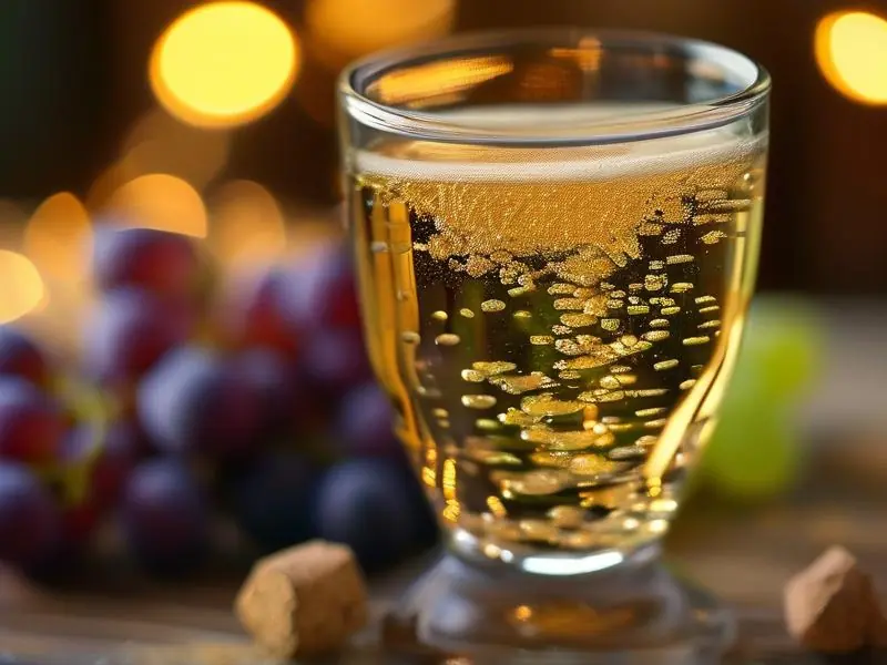 气泡酒在玻璃杯中冒泡的特写照片，旁边摆放着葡萄和酵母