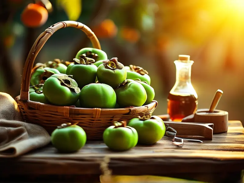 新鲜青柿子和酿酒工具