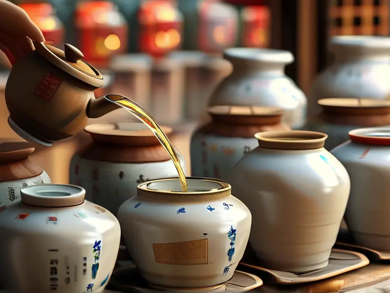 清酿白酒倒入陶瓷罐中的场景