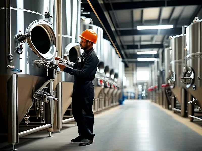 专业酿酒师在最好的酿酒设备厂检查设备质量