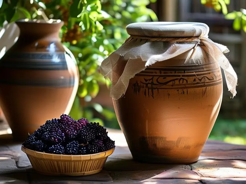 传统方法发酵中的稔子酒缸与新鲜稔子果实特写