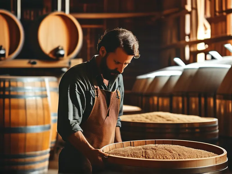 酿酒师检查粮食发酵过程