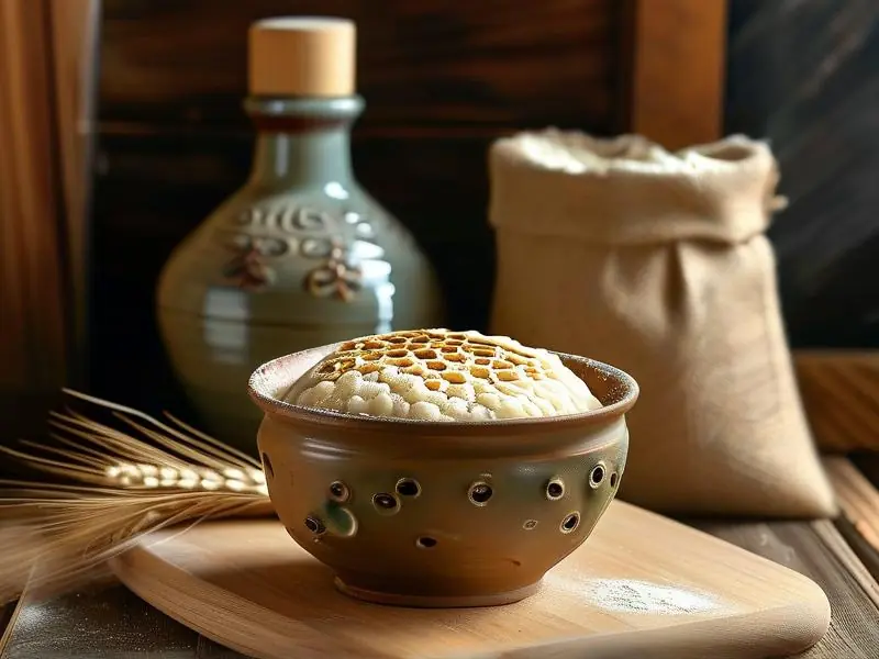 白酒制作的老面引子特写与酿酒原料展示