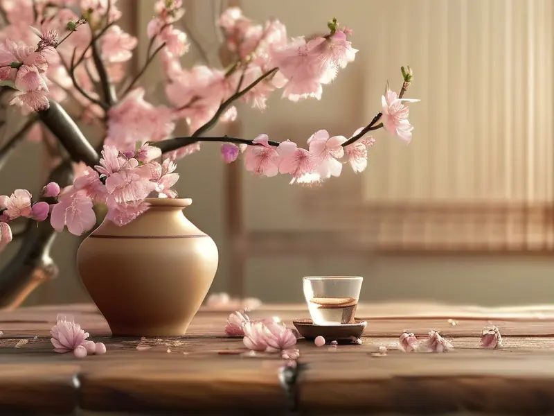 Traditional Chinese peach blossom wine in a ceramic jar with fresh peach blossoms