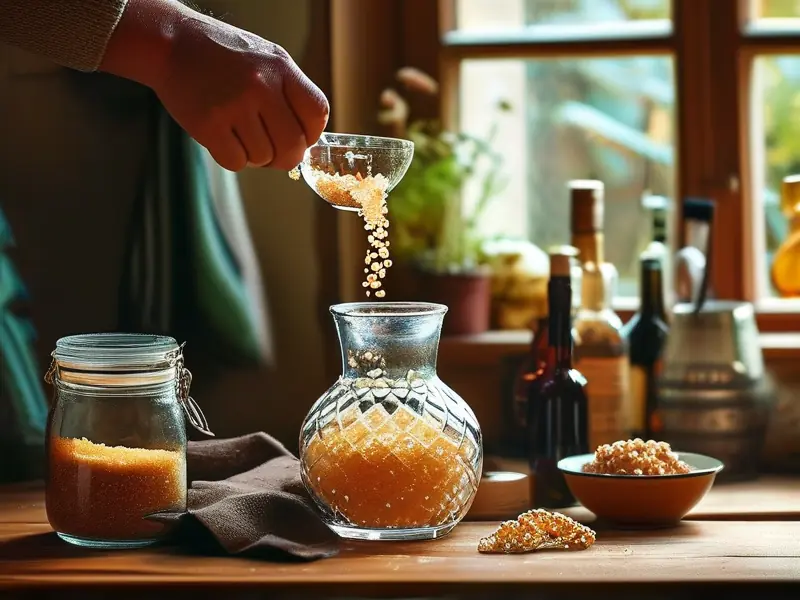 家庭自酿葡萄酒的初始步骤：将压碎的葡萄倒入发酵罐