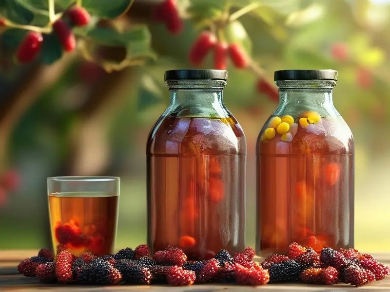 新鲜桑果与自制桑果酒成品对比展示
