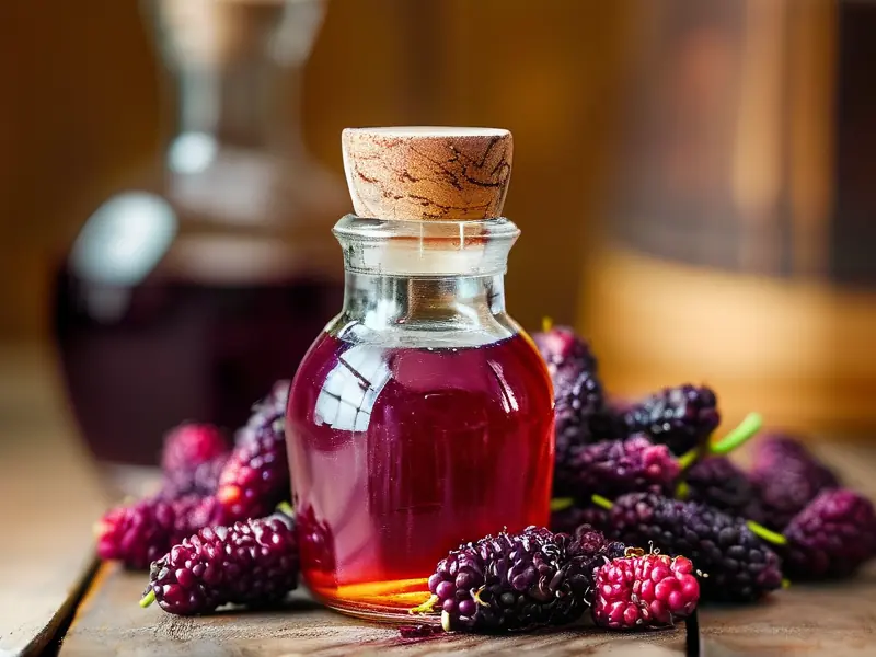 新鲜桑葚与自制桑葚酒展示