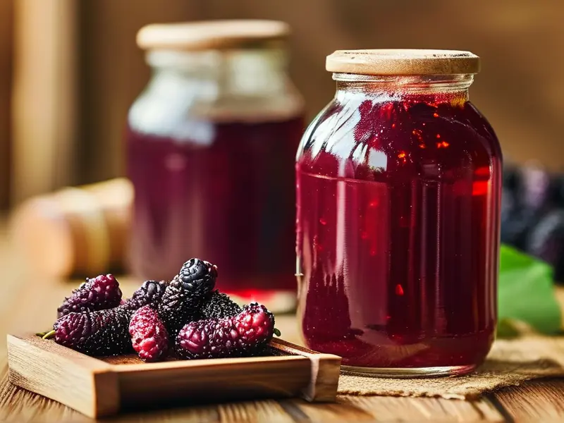 新鲜桑葚与自制桑葚酒的对比展示