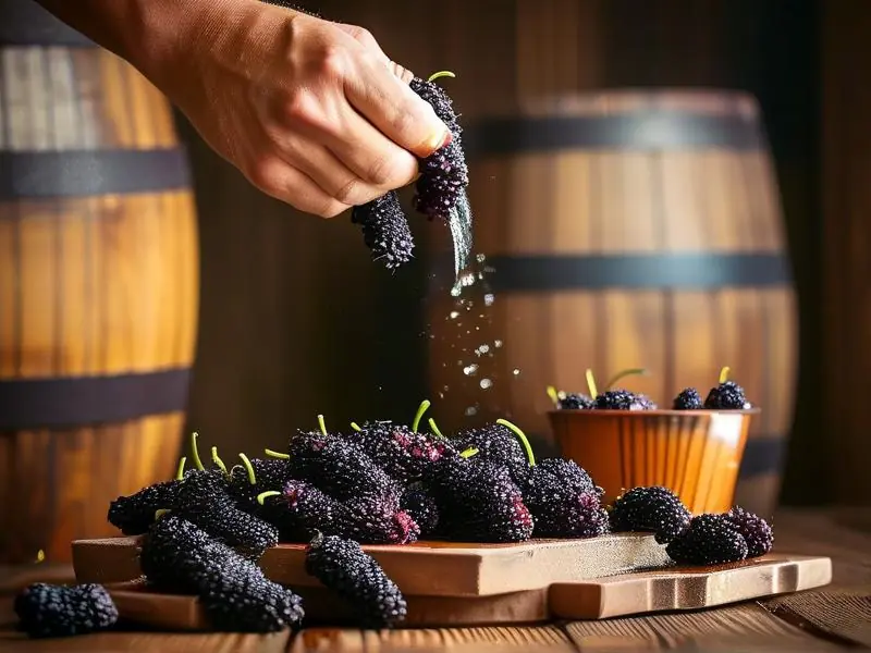 酿酒师清洗桑葚准备制作桑葚酒