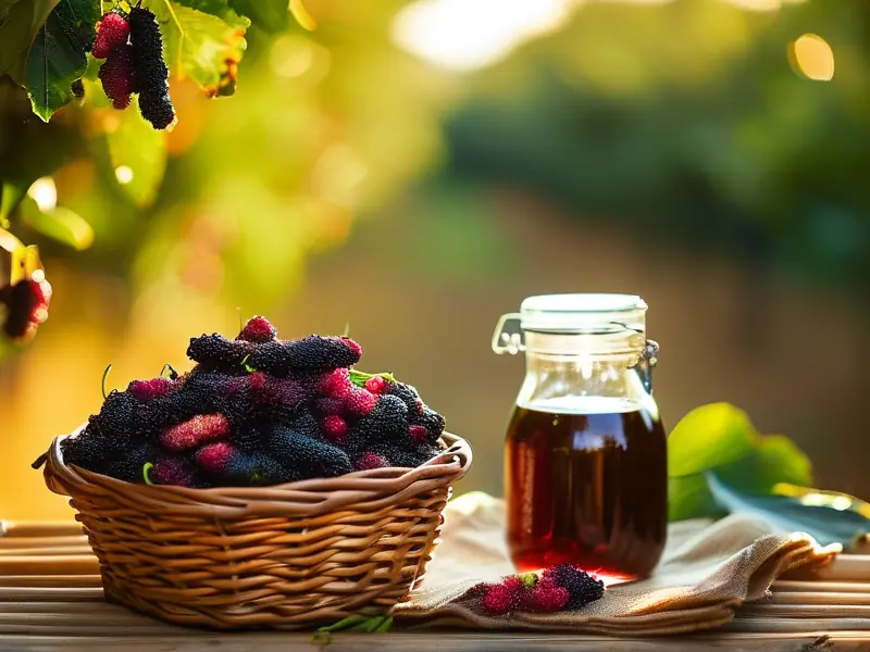 新鲜桑葚和酿酒工具准备制作桑葚酒