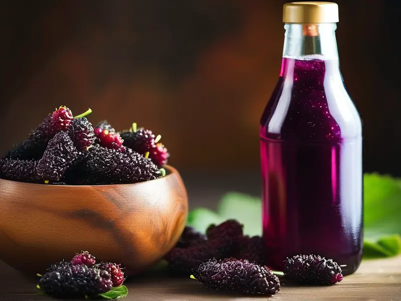 新鲜桑葚与自酿桑葚酒成品展示
