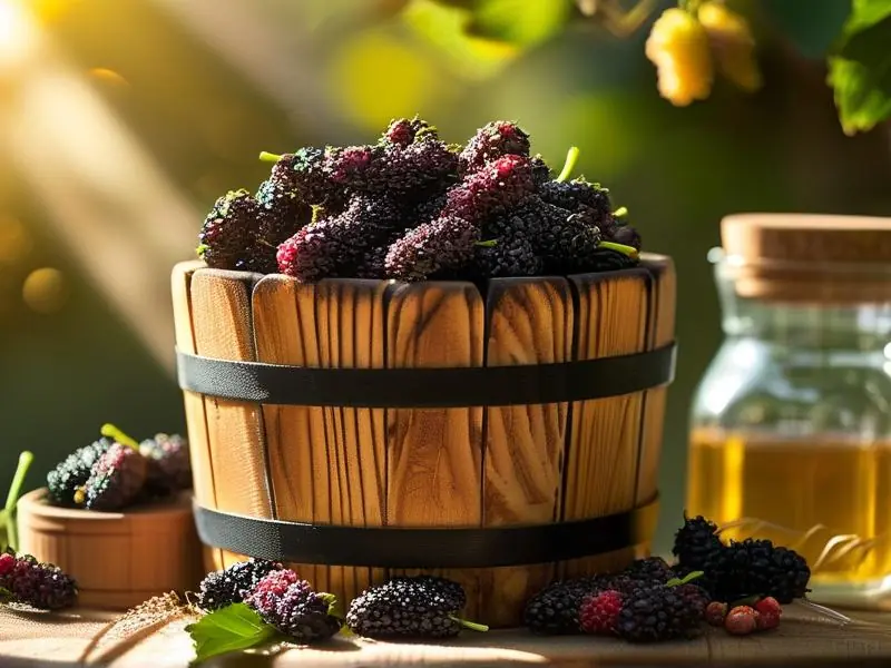 新鲜桑葚与酿酒工具准备酿造桑葚酒