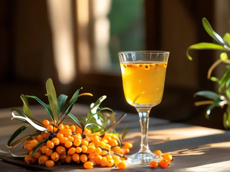 金黄色沙棘酒与新鲜沙棘果
