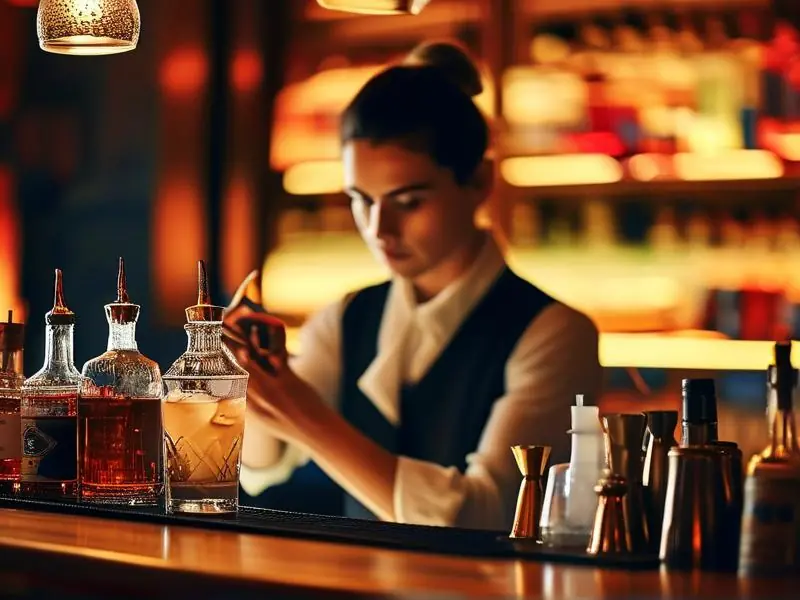 专业调酒师在吧台调制鸡尾酒的场景