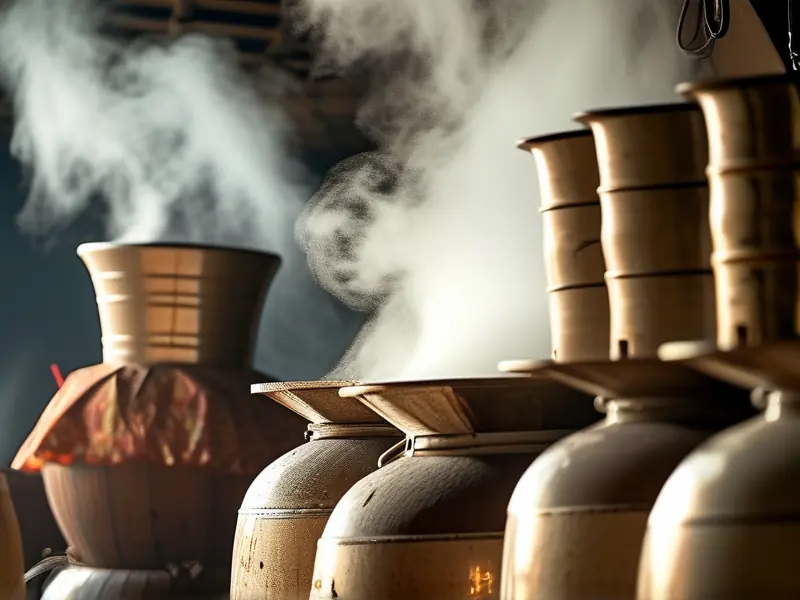 传统酿酒师操作上甑设备进行酿酒