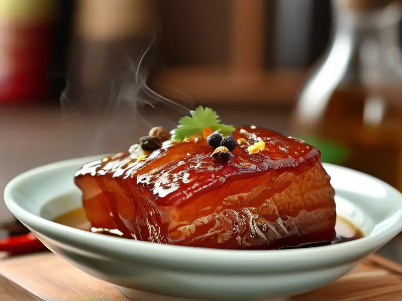 正在烹饪的红烧肉与料酒黄酒摆放效果图