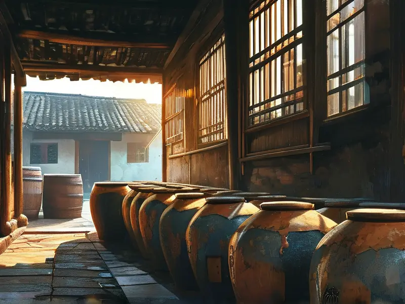 绍兴传统手工冬酿老酒在陶坛中陈酿