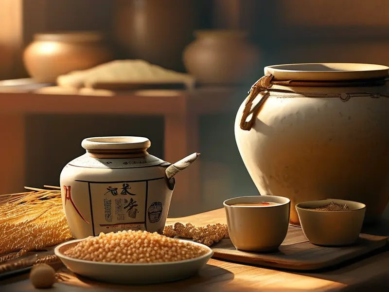 传统酿酒师正在从陶罐中倒出新酿制的白酒