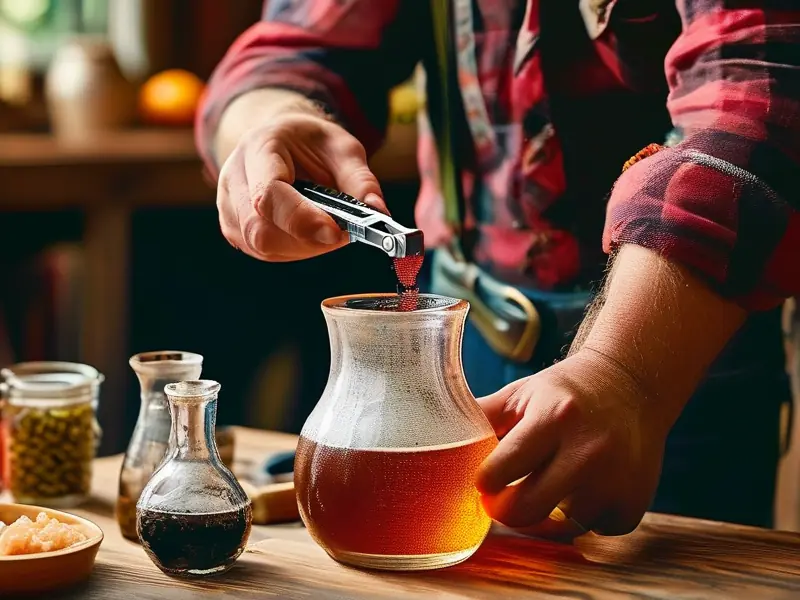 家庭酿酒师使用酒精计测量并调整自酿酒精度