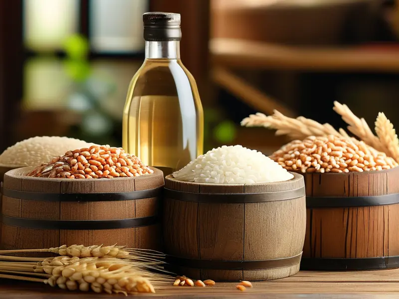 五种常见酿酒原料与白酒展示