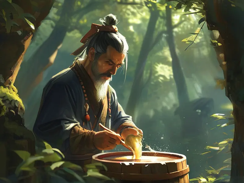古代酿酒师在山林中酿造林酒的传统场景
