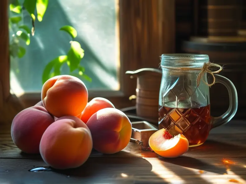 新鲜的桃子和酿酒工具