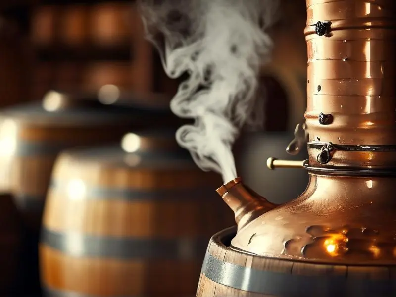 酿酒师操作传统蒸馏器提取酒液的实景过程