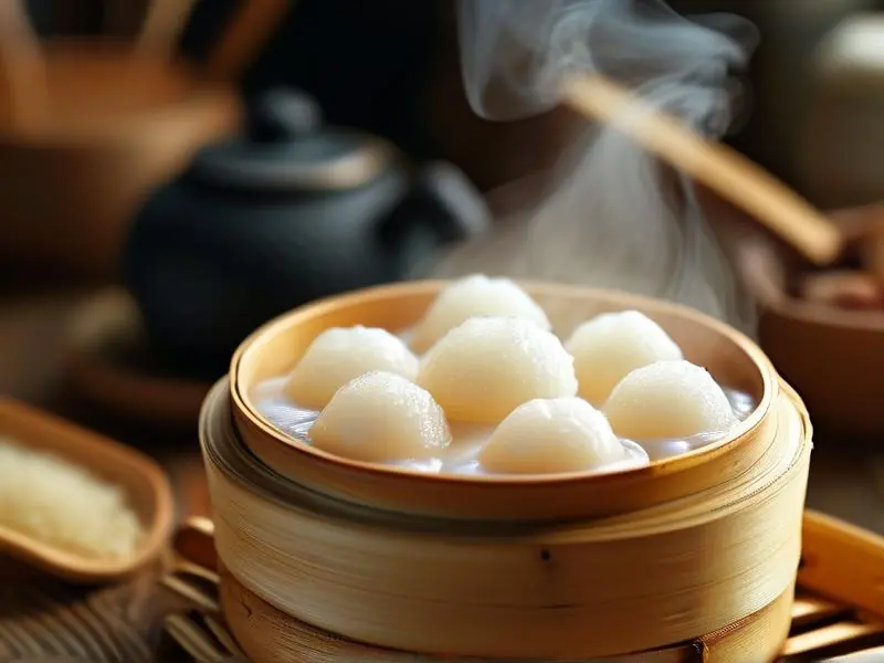 传统竹制蒸笼蒸制糯米制作甜酿酒的关键步骤