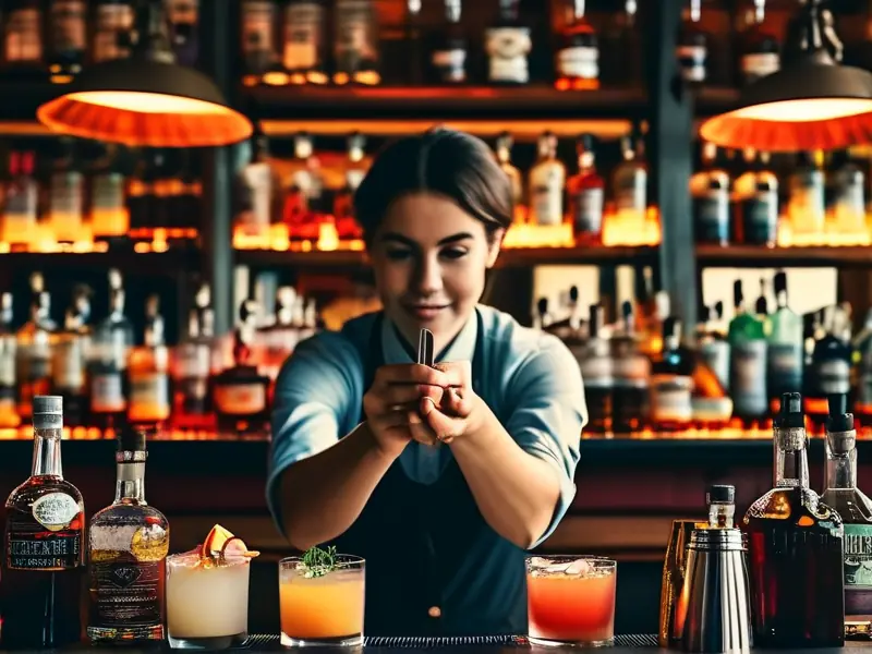 专业调酒师在酒吧展示调酒技术