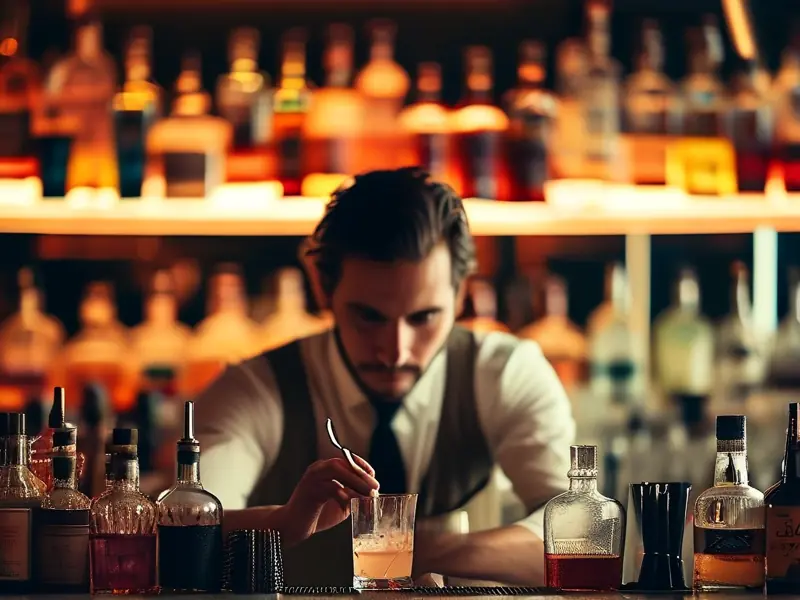 专业调酒师在吧台调制鸡尾酒