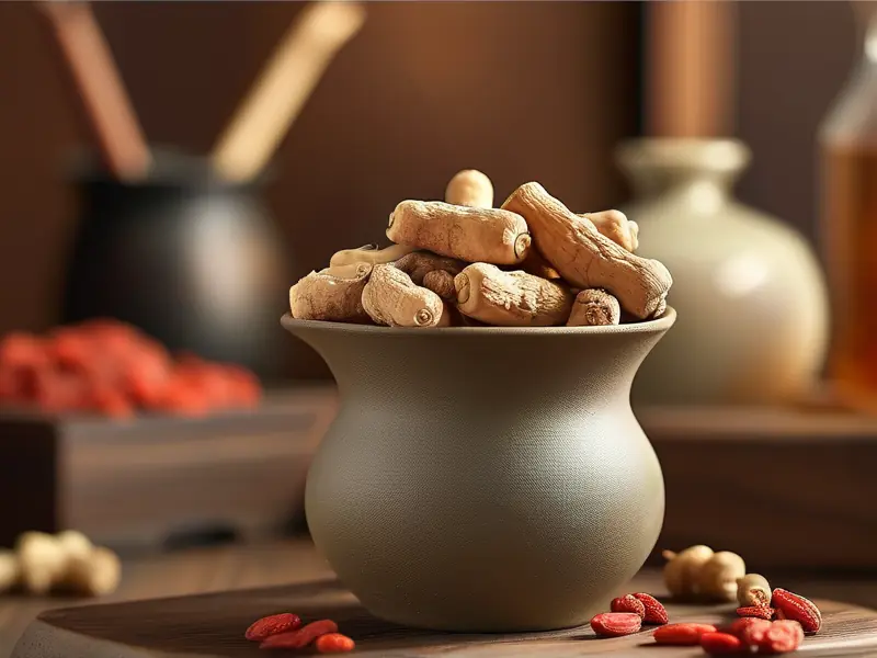 五指毛桃根须在酒液中浸泡的特写画面