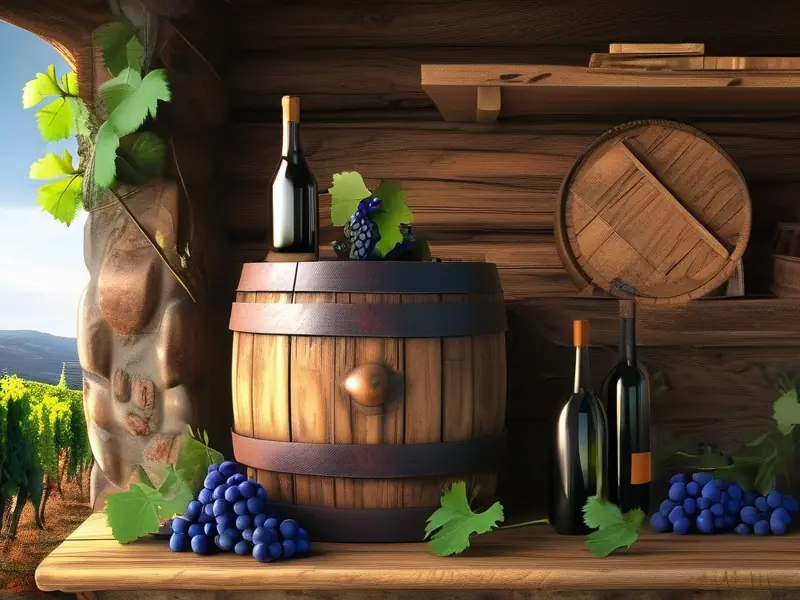 传统西方酿酒技术展示：橡木桶与葡萄藤背景的欧洲酒庄