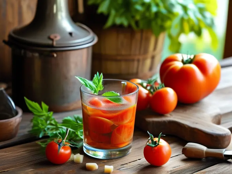 家庭自制西红柿酒成品展示与原料工具