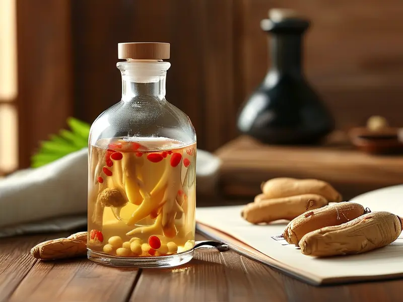 泡制好的鲜人参酒,酒液琥珀色,瓶中有完整人参和枸杞