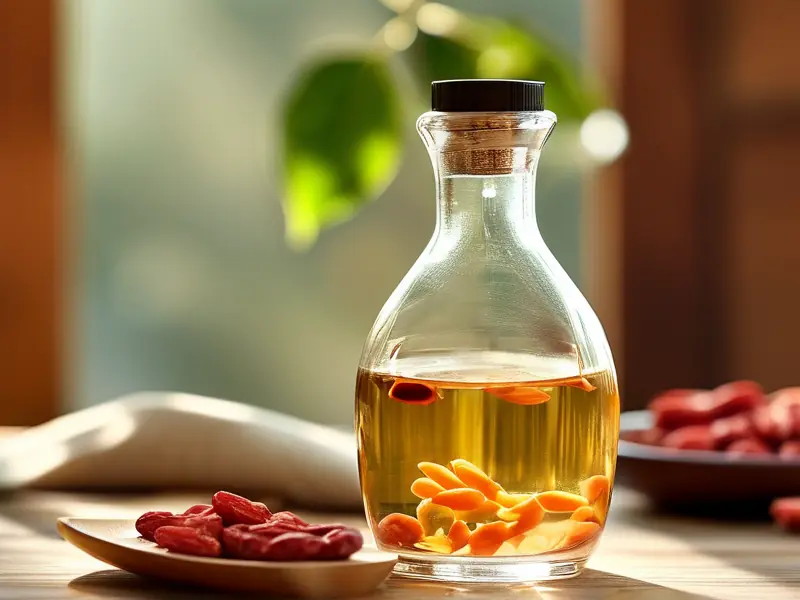 新鲜人参浸泡在玻璃酒瓶中的特写照片