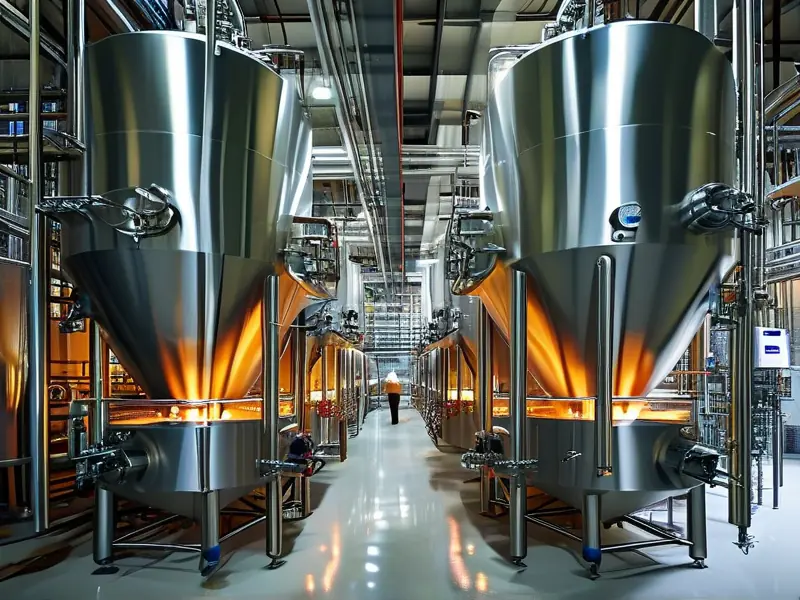 现代大型酿酒设备在酿酒车间中的操作场景