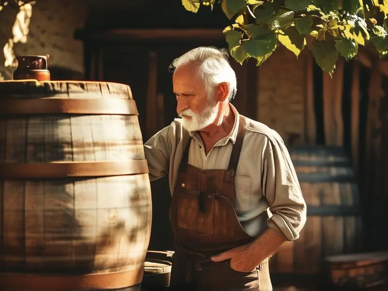 乡村酿酒师在传统院落中检查酒液