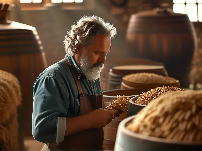 酿酒师检查小麦发酵过程