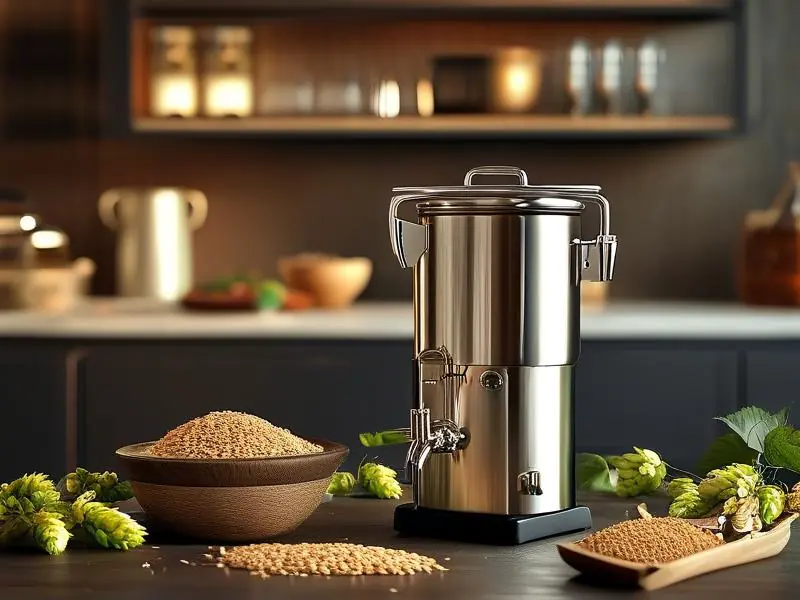 家庭厨房中使用小型酿酒器酿酒的场景