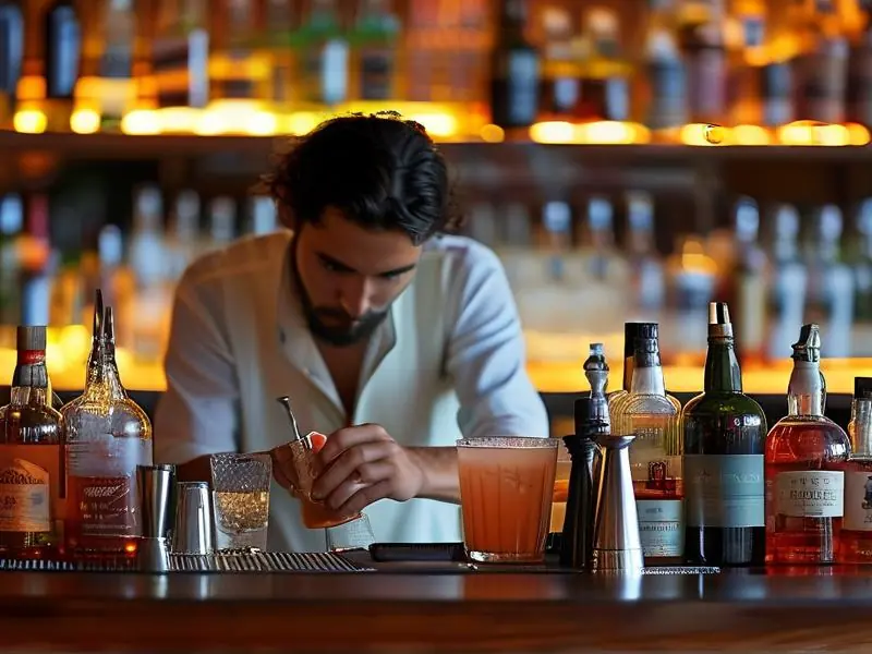 专业调酒师在吧台调制鸡尾酒
