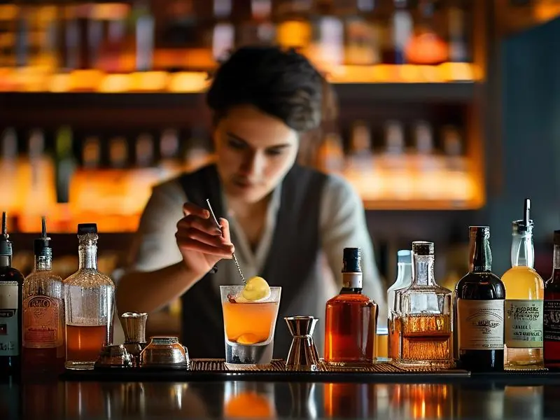 专业调酒师在吧台调制鸡尾酒