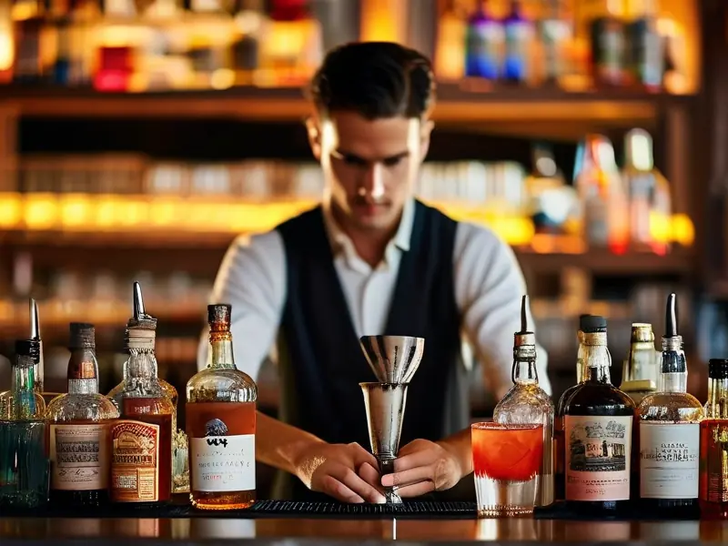 专业调酒师在吧台调制鸡尾酒