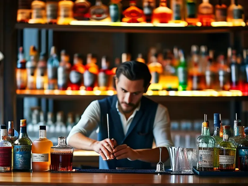 专业调酒师在吧台前调制鸡尾酒