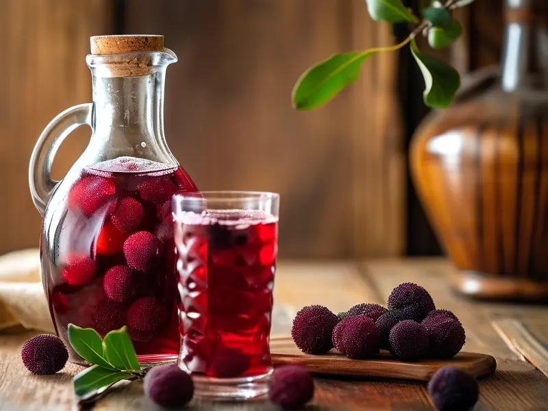 新鲜酿制的杨梅酒,酒液深红,杨梅漂浮其中