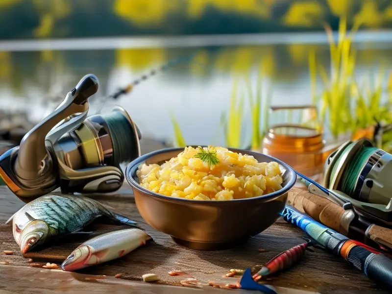 羊油制作酒米的成品展示与钓鱼场景