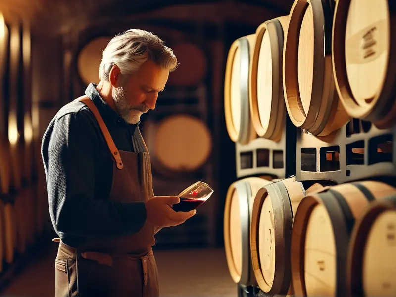 酿酒师在酒窖中检查酒桶