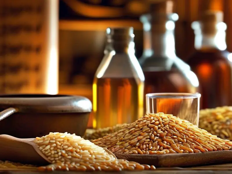 不同粮食与成品酒的重量对比及传统酿酒工具展示