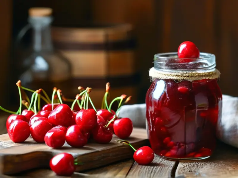 新鲜樱桃与自制樱桃酒的对比展示